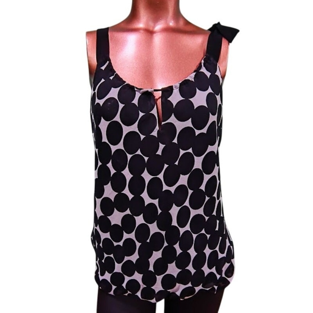 WHBM Polka Dot Silk Top with Straps and Elasticised Hem,‎ Blk & Wht, Sz M